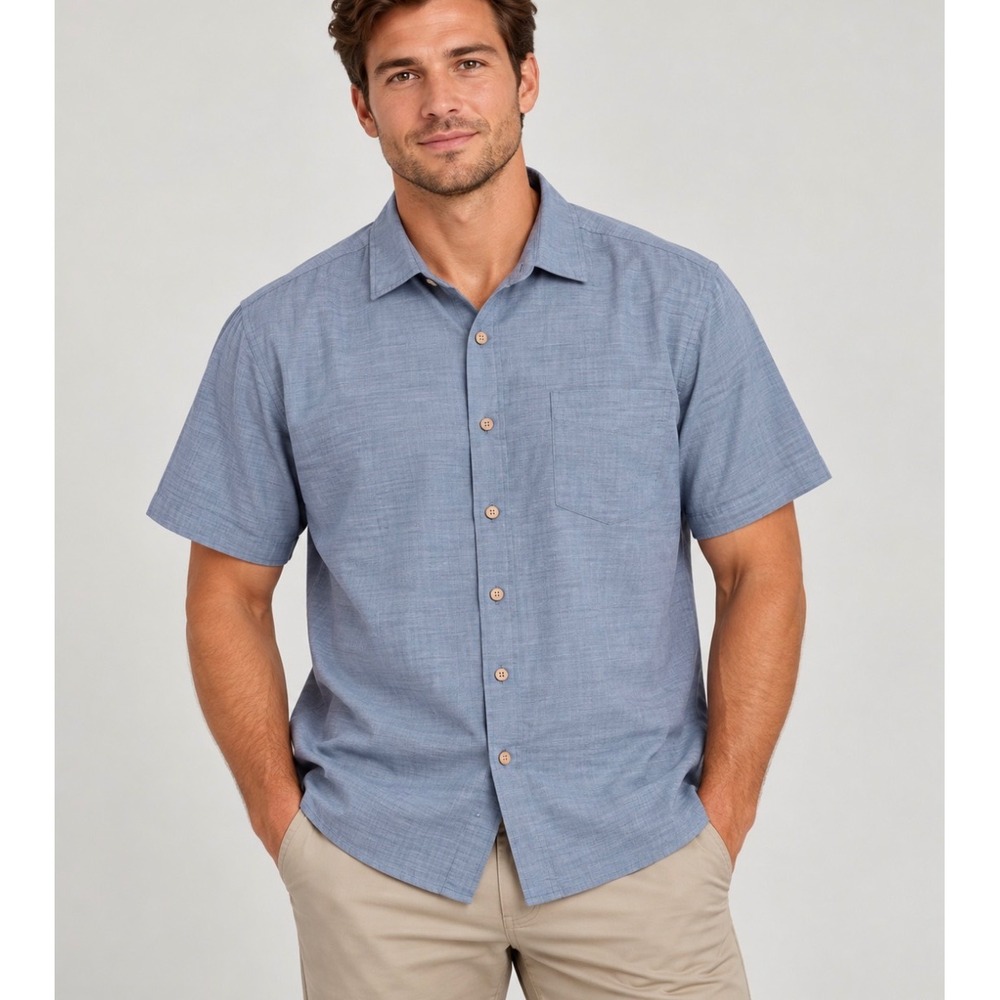 Batik Bay Mens XL Blue Slub Textured Short Sleeve Button Down Camp Shirt Rayon